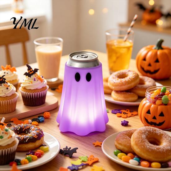 Luminous Ghost Decor 3D Printed Halloween Can Holder, Glow?in?the?Dark Soda Beverage Drink Insulation Protector Cup Cover, Cute Tabletop