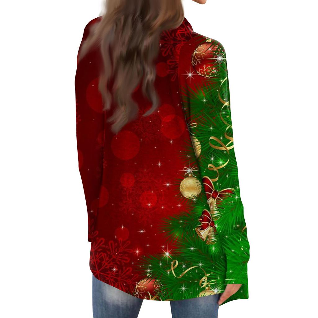 Damenmode, lässig, weihnachtlich bedruckt, mittellange Strickjacke
