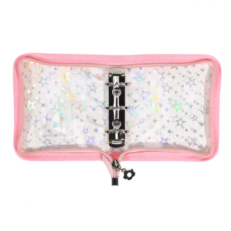 Mini PVC 3-Ring Binder Laser Star Design Zipper Closure Transparent Album for Photo Card Storage Memory Keeping Collecting