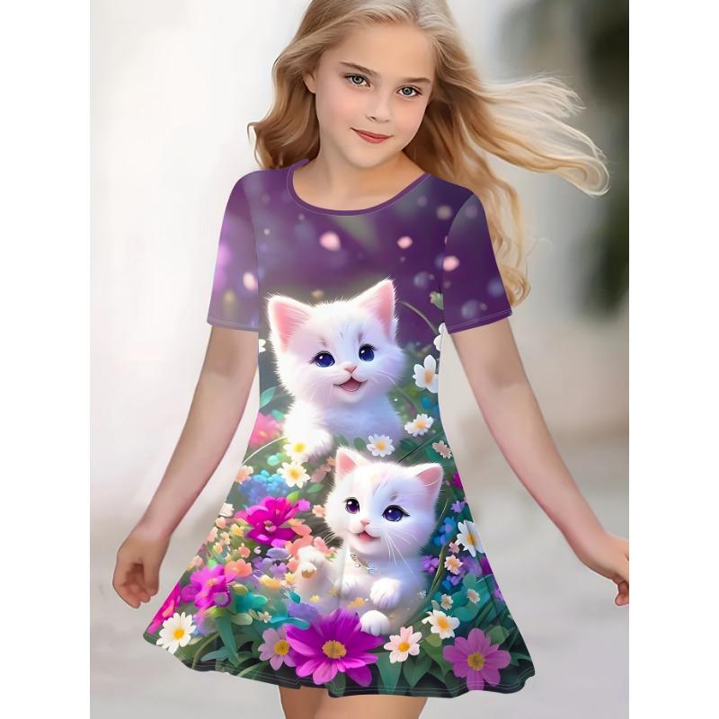 Casual Short-Sleeve Dress for Girls Featuring a 3D Unicorn Print, Perfect for Summer with Cute Cartoon Designs for Toddlers.