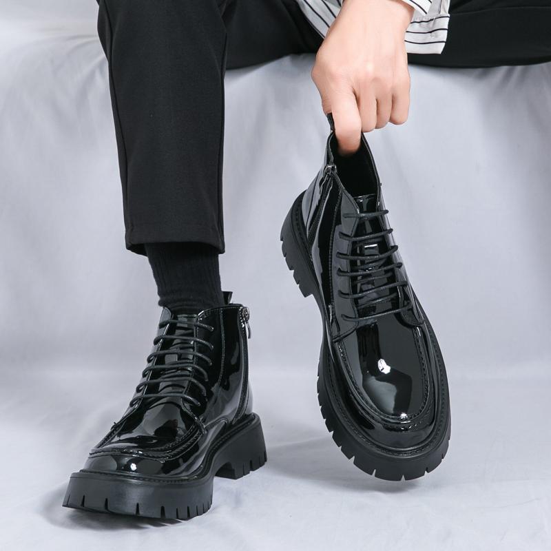 Fashion Shiny Leather Men's Boots Side Zipper Business New Style Comfortable High Top Mens Casual Shoes Classic Design Thick Soled Shoes
