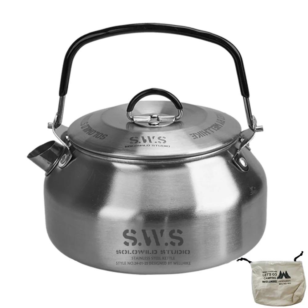 

Чайник для воды для кемпинга на открытом воздухе объемом 800 мл с ручкой, переносной противоскользящий чайник для воды для путешествий, кемпинга, походов, столовых приборов. серебряный