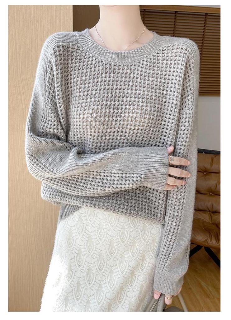 Women's 100% Wool Knit Sweater - Round Neck, Versatile Slimming Style, Cashmere Pullover, Cardigan Base Layer