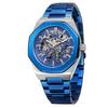 BOLYTE Men's Mechanical Automatic Watch with Octagonal Case and Stainless Steel Band, Skeleton Design, Silver Blue, Classic Design