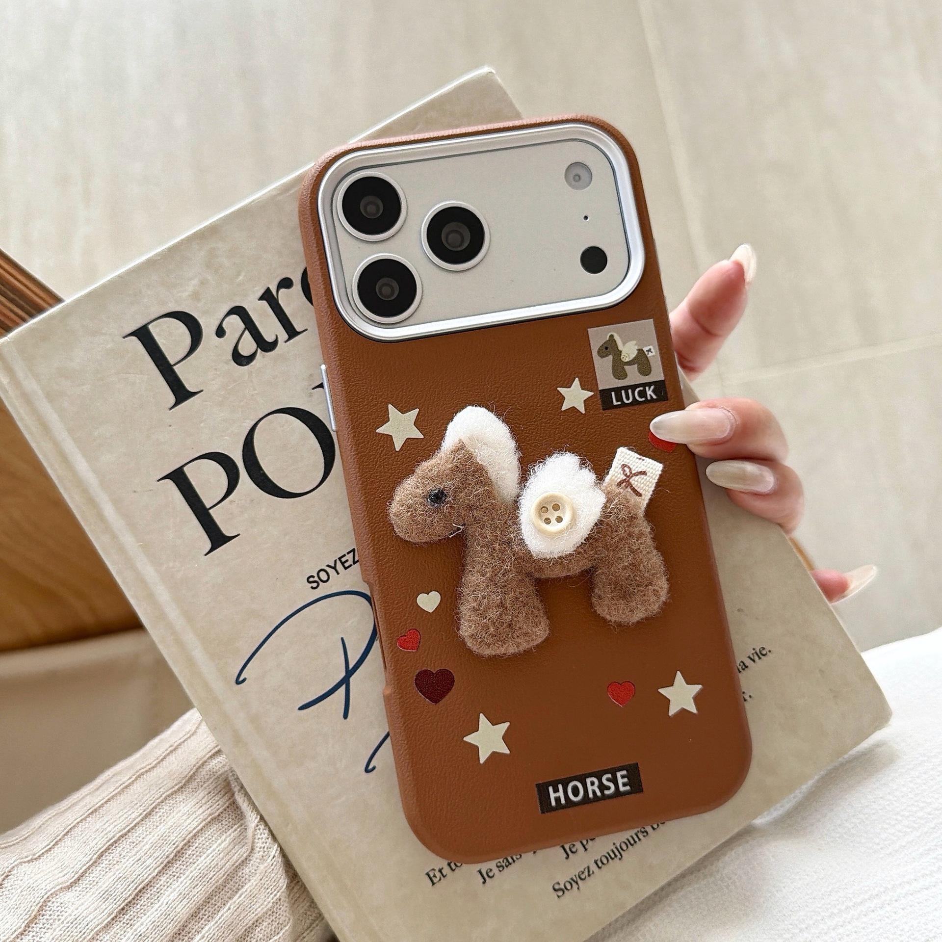 

Lychee Texture Leather Plush Horse 3-in-1 Case for iPhone 17 Pro Max/16 15 Pro коричневый