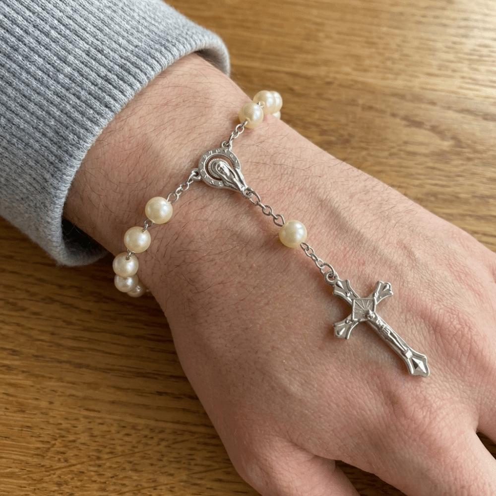 Imitation Pearl Religious Jewelry Set Sweater Chain Long Cross Pendant Necklace Devotional Vintage Style Christian Bracelet