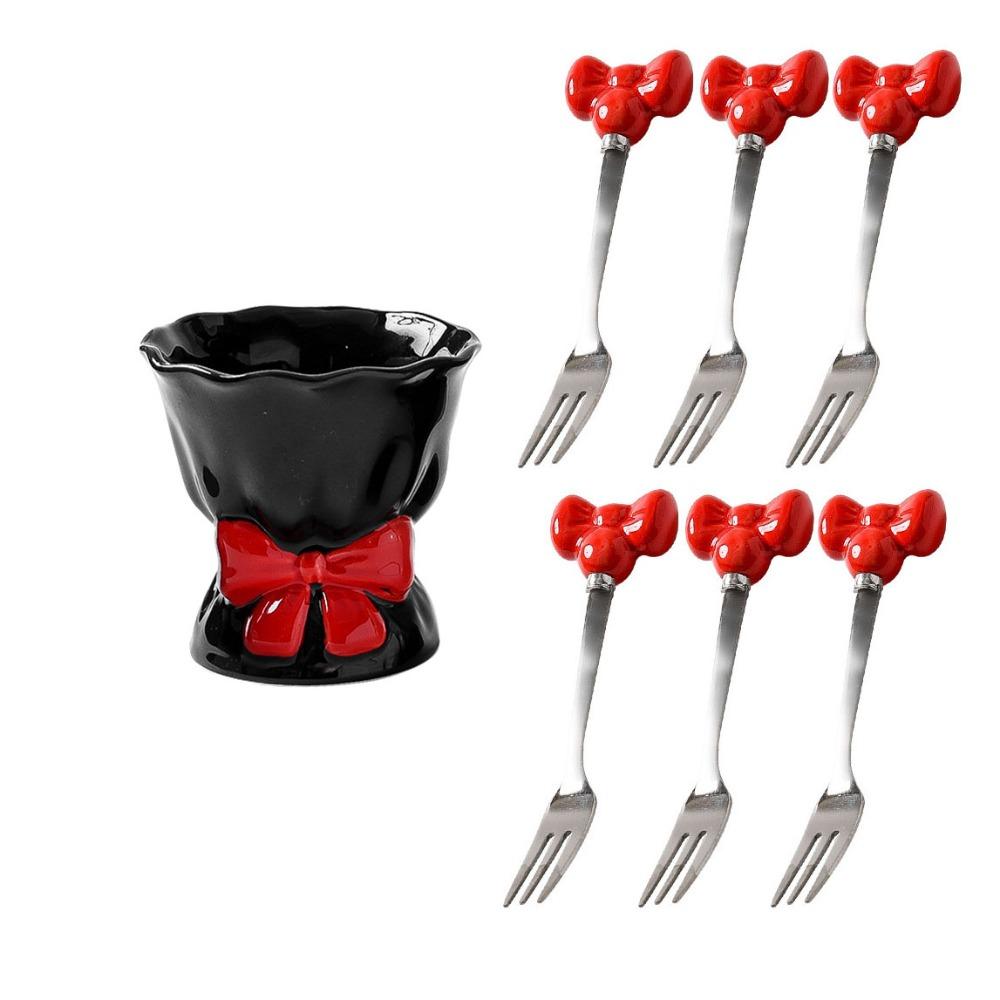 Bowknot Ceramic Fruit Forks Set Ins Style Creative Ceramic Fruit Forks Receipt Jar Solid Color Decorative Stainless Steel Fork