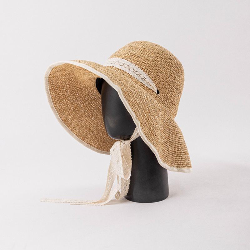

USPOP Foldable Raffia Straw Sun Hat for Women Wide Brim Hat with Lace Chin Strap Hand-Woven Summer Beach Hat 56-58cm