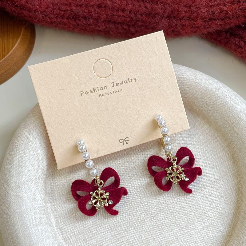 Cute Red Bow Flocking Earrings Simple Elegant Exquisite Sweet Festive Earrings Ear Studs Jewelry Accessories New Year Gifts