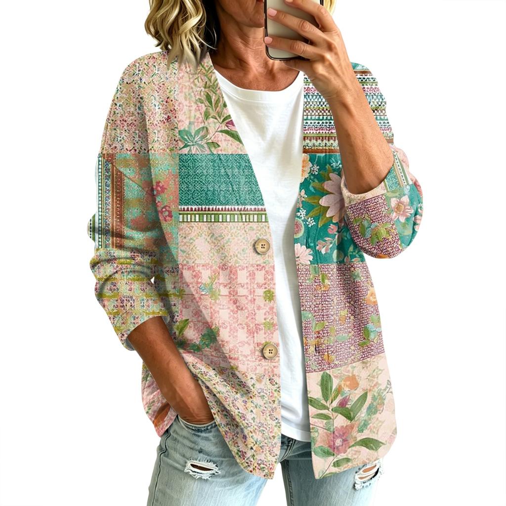 Women's fashionable casual buttoned patchwork fabric printed coat