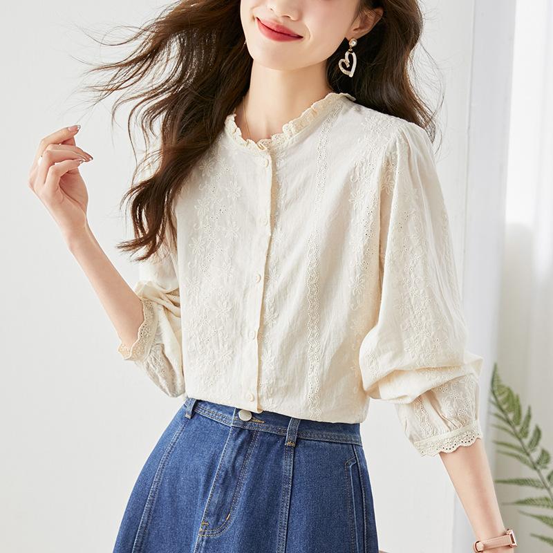 

Вышитая ажурная абрикосовая рубашка для женщин, с длинным рукавом, новый дизайн и уникальный офисный темперамент, топ из чистого хлопка XXL