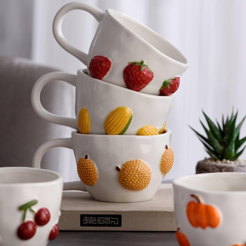 Cartoon Fruit Cup Ceramic Mugs Engraved Cherry Three-dimensional Fruit Cup Mugs Coffee Cups Breakfast Afternoon Tea