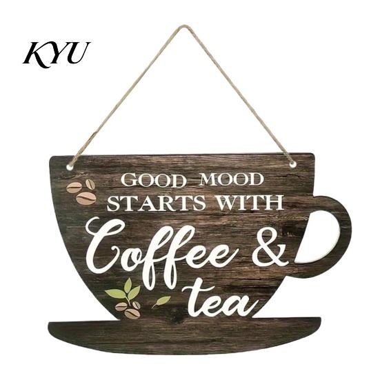 Coffee Shop Wall Art Wooden Bar Signs, Rustic Themed Hanging Sign, Cup Decorative Wood Signs for Breakfast Nook Shape & Round Plaque Farmhouse Kitchen
