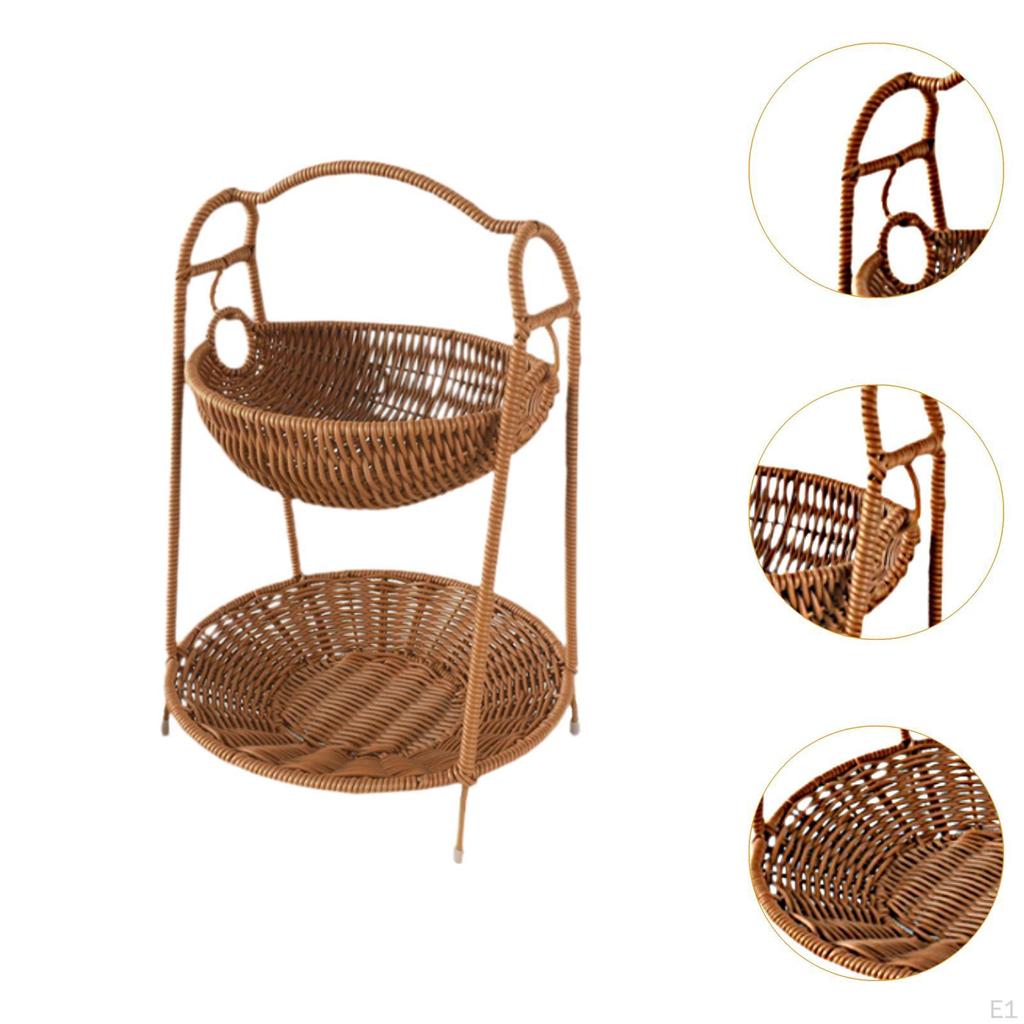 Fruit Basket Serving Stand Snacks Tray Two Tiered Imitation Rattan Countertop Organizer Snack