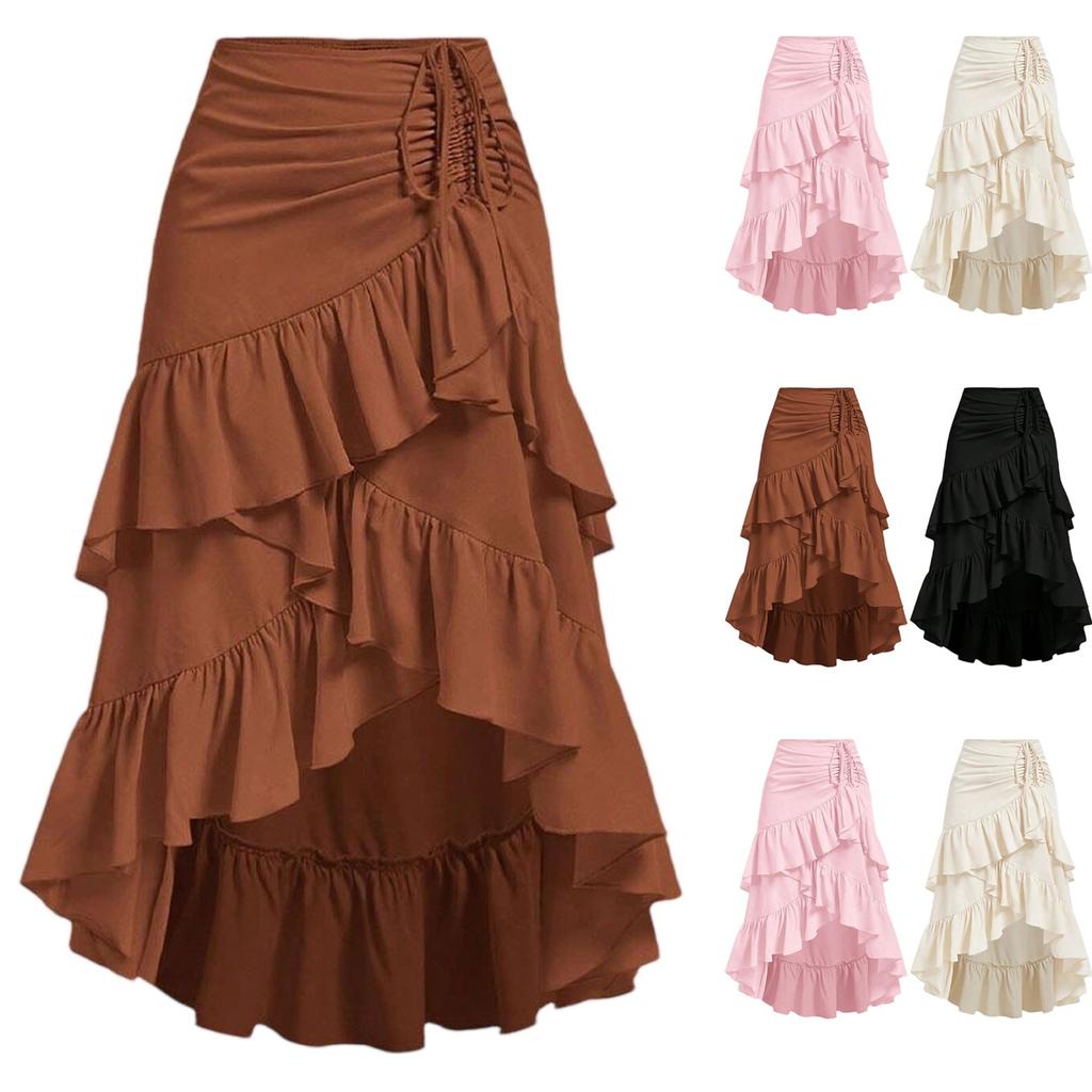 Womens Maxi Skirt Drawstring High Waisted Summer Long Skirts Lightweight Tiered Flowy Floral Pleated Skirts
