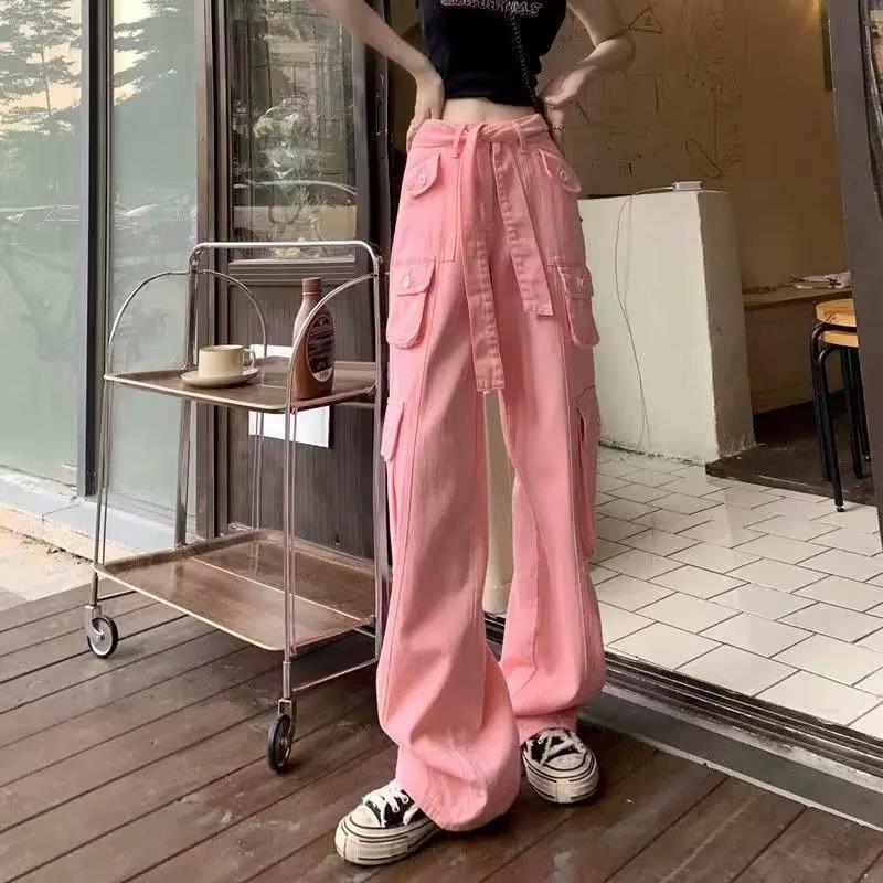 Vintage Pink Cargo Pants Women 2023 Loose Slipper Denim Pants Oversized Jeans Pants for Women Hip Hop Trousers