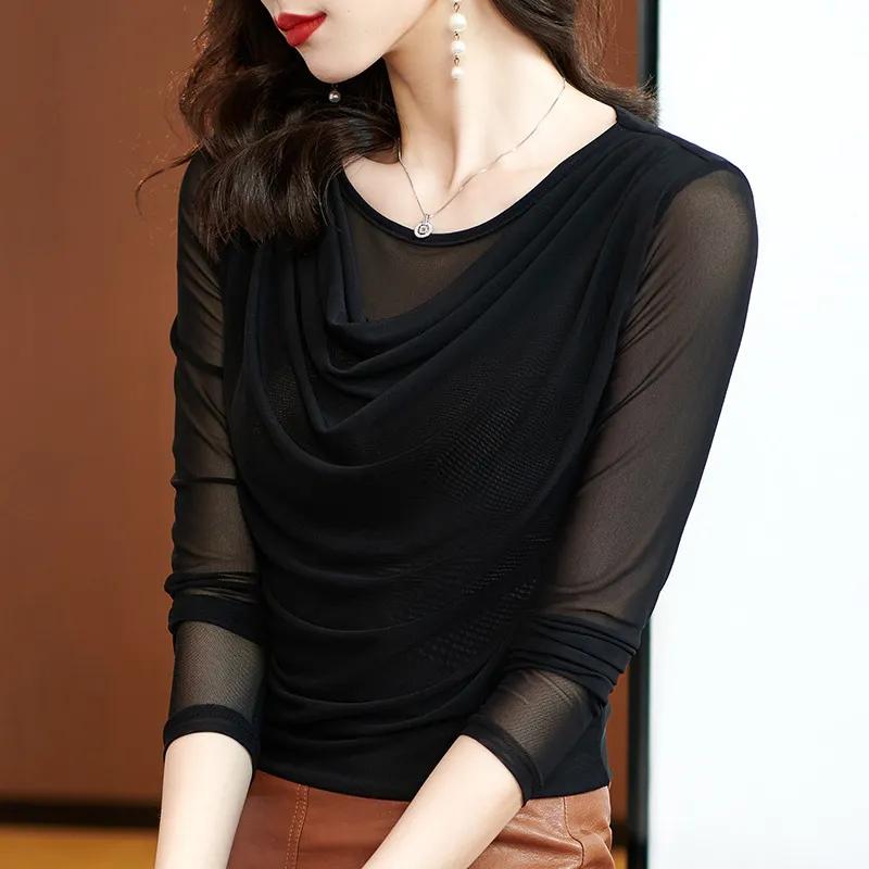 

Women s Spring/Fall Mesh Crew Neck Long Sleeve Base Layer Top Elegant Blouse XS