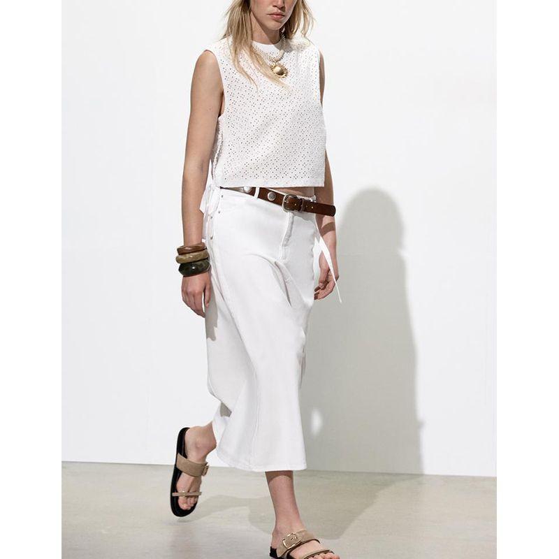 Spring and Summer Women's Clothing Bows Adjustable Hem Cotton Cut Out Embroidered Crew Neck Sleeveless Tops 4174379