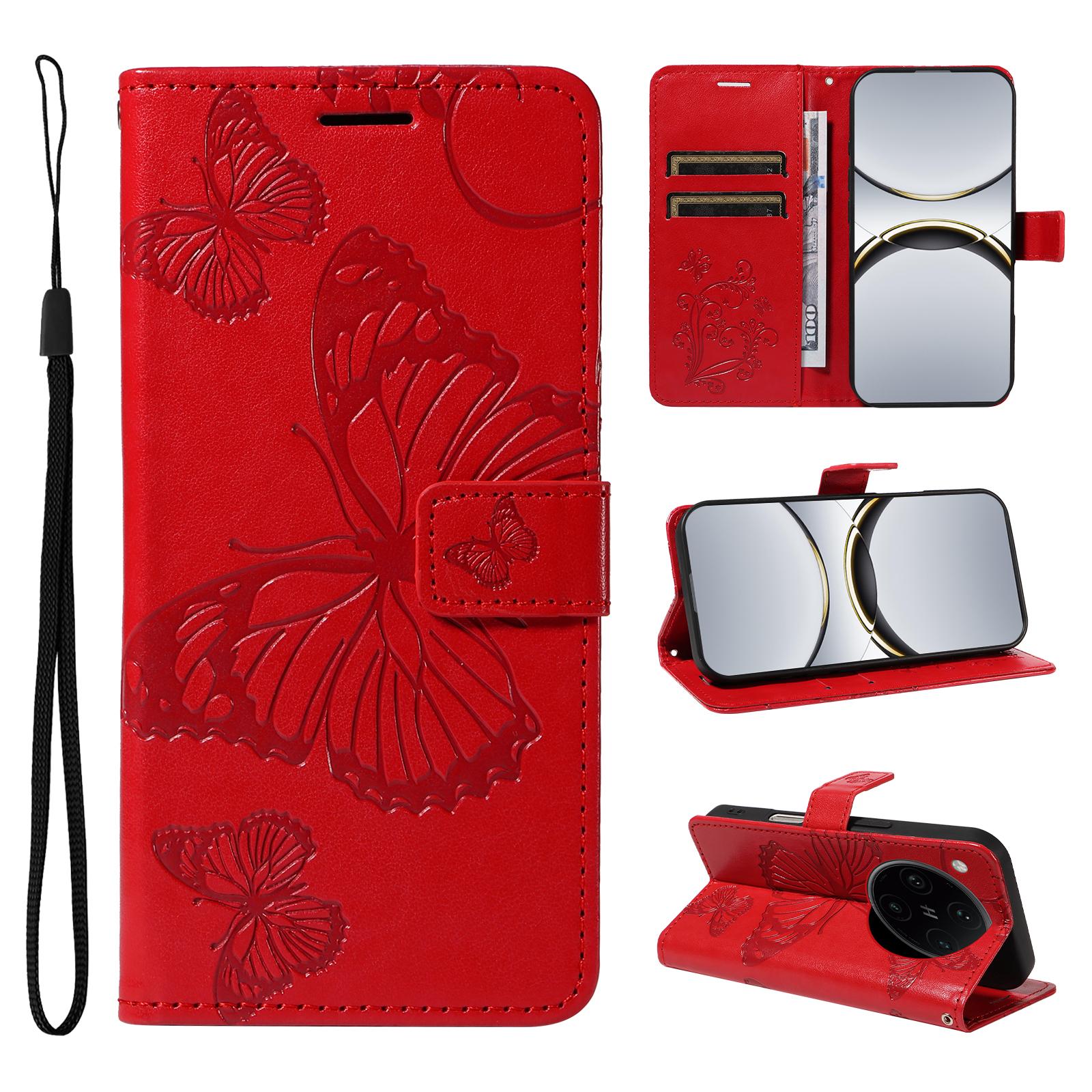 

For Oppo Find X8 Pro 5G Wallet Case Floral Butterfly Imprinted Leather Phone Cover Stand Red