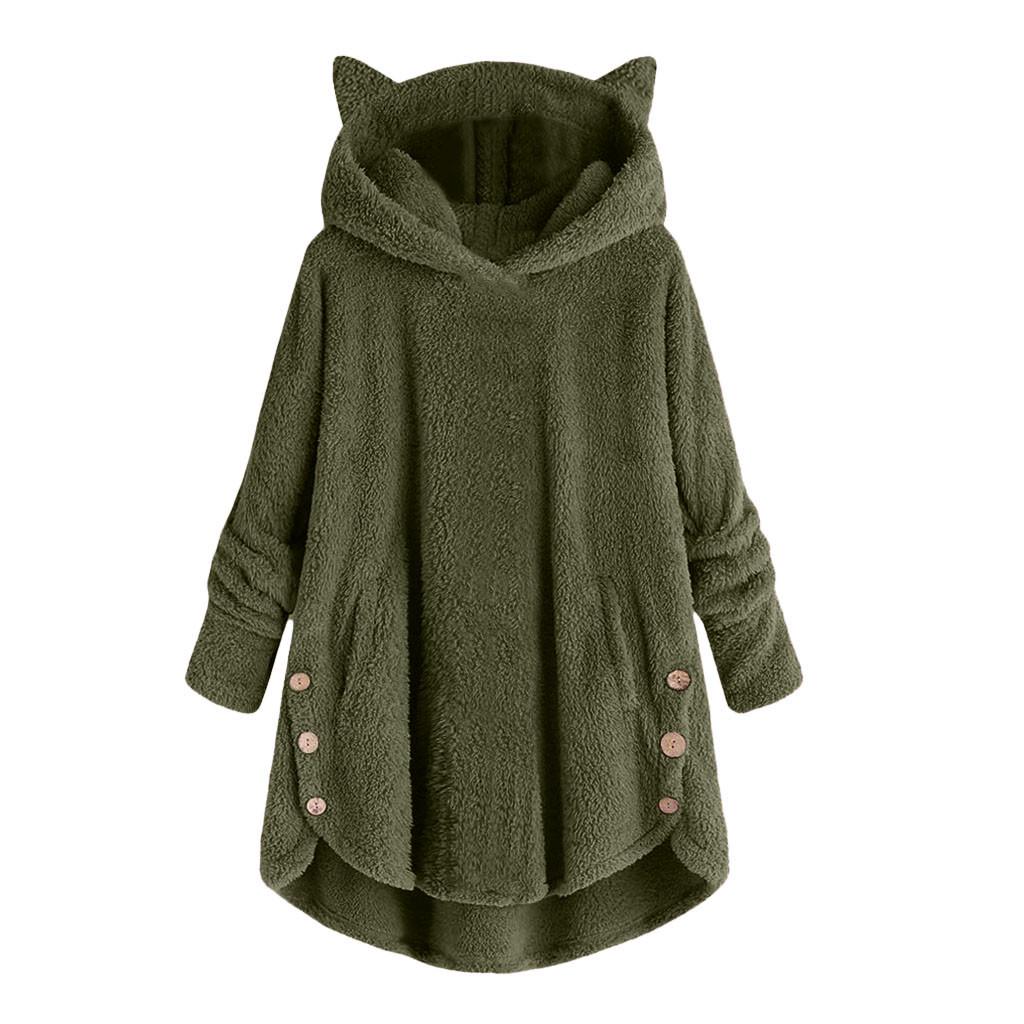 Women Button Coat SolidTops Hooded Pullover Loose Sweater Blouse Plus Size