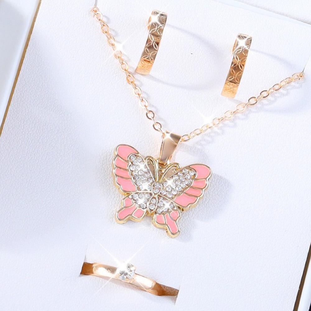 4 Piece Set Women Butterfly Patterns Fashionable High End Sweet Personalized Necklaces Rings Earrings Suitable For Party Gifts