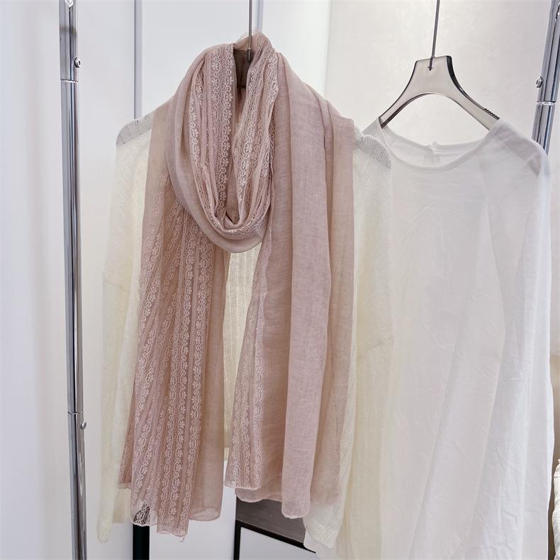 Korean Style Literary Linen Color Cotton Linen Thin Scarf Fashionable Women's Outer Shawl Spring and Summer Fashionable Solid Color Lace Scarf
