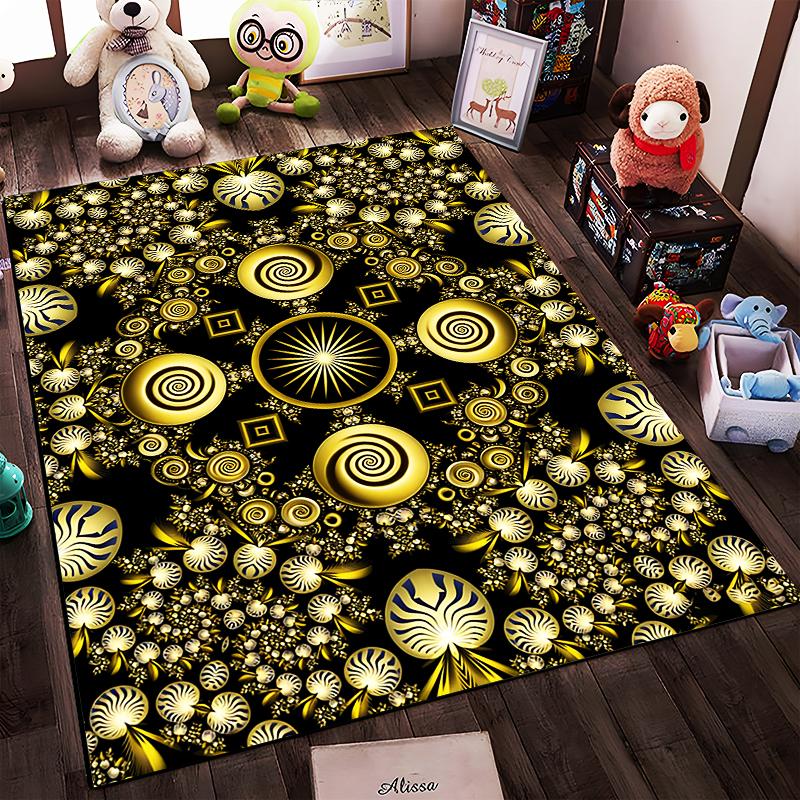 Abstract Mandala Black Gold Spiral Pattern Carpet for Living Room Suitable for use as an anti-slip for living room bedroom sofas