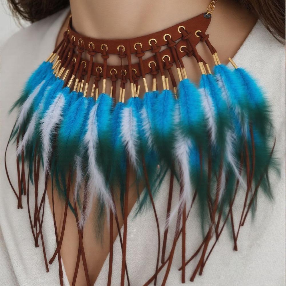 Brown Black Feather Leather Pendant Bohemian Indian Feather Sweater Chain Hippie Long Fake Collar Festival Party Jewelry