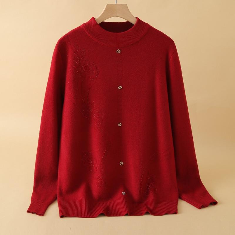 Mom's New Medium-knitted Bottomed Thickened Top, Piled Middle-aged and Elderly Autumn and Winter Warm Semi-turtleneck Sweater