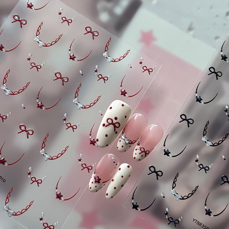 Nail Stickers Cute Bow Stars French Lace 3D Self-Adhesive DIY Nail Art Decals for Home Salon Manicure Beginners