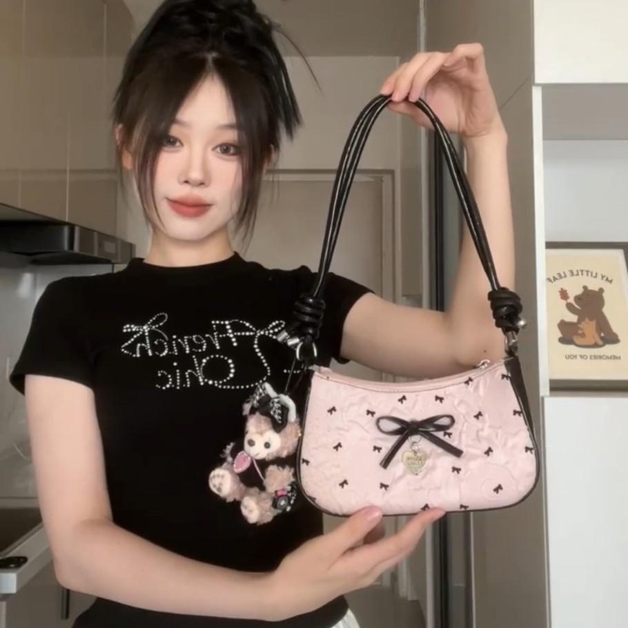 Pink bow crescent armpit bag women's summer new high-end niche shoulder small square bag