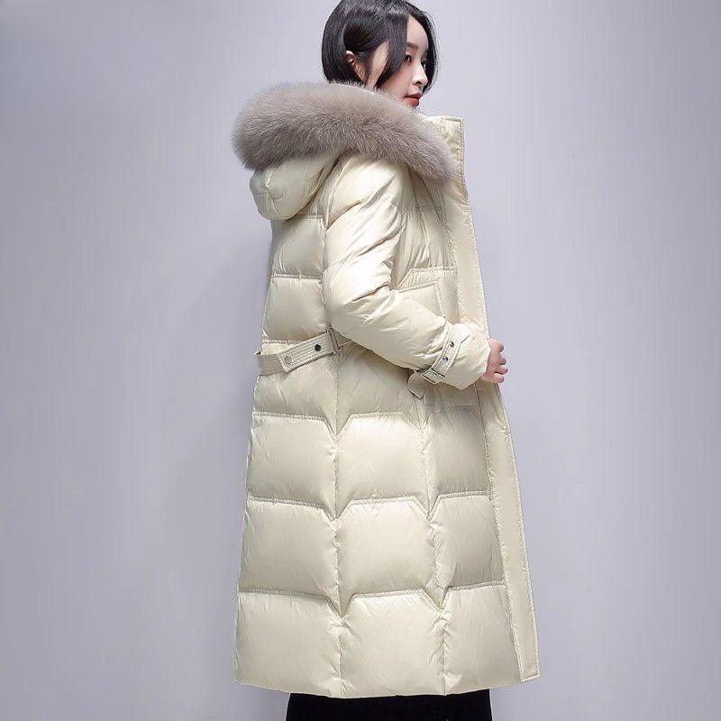 Snow Winter Girls Down Jacket Hooded Big Fur Collar Medium and Long Jacket Fashion Glossy Duck Down Top