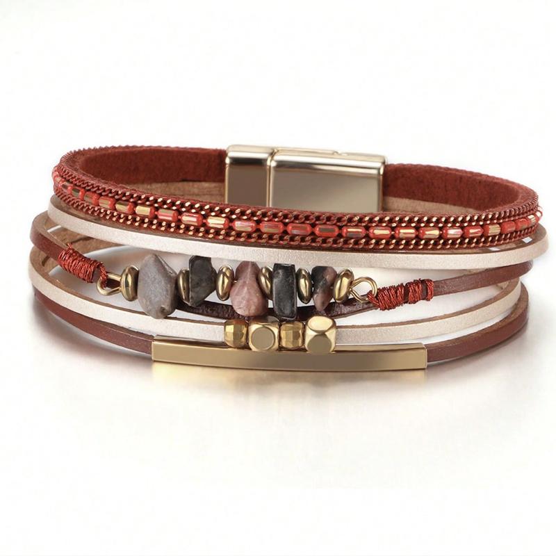 One Piece Europeisk och Amerikansk Stil Natursten Pärlstav Mässingsrör Design Kohudsläder Rep Kvinnor Grön Armband Sommar Strand