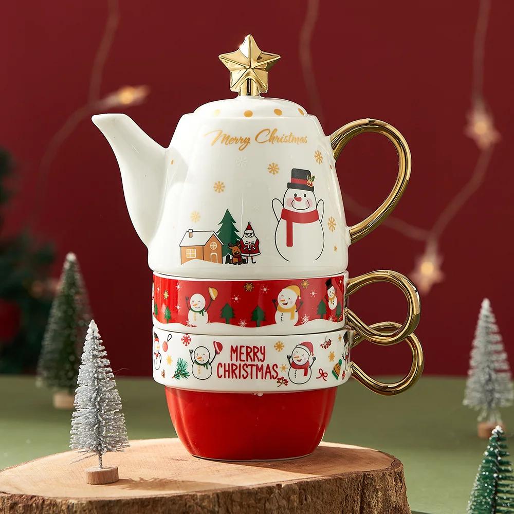 Gold plated tea set ins Christmas ceramic teapot, one pot, two cups
