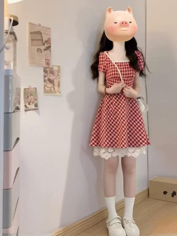 French High-end Red Plaid Dress Women's Summer New Small Unique and Beautiful Waist Pinch Dress