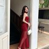 Mesh streamer slim pleated design fishtail tube top long dress backless seaside desert vacation red dress women