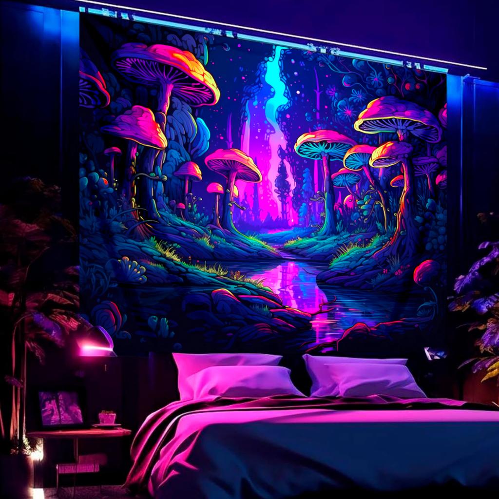1pc UV reactive mushroom tapestry, neon effect black light tapestry, fantasy landscape mushroom forest fluorescent tapestry