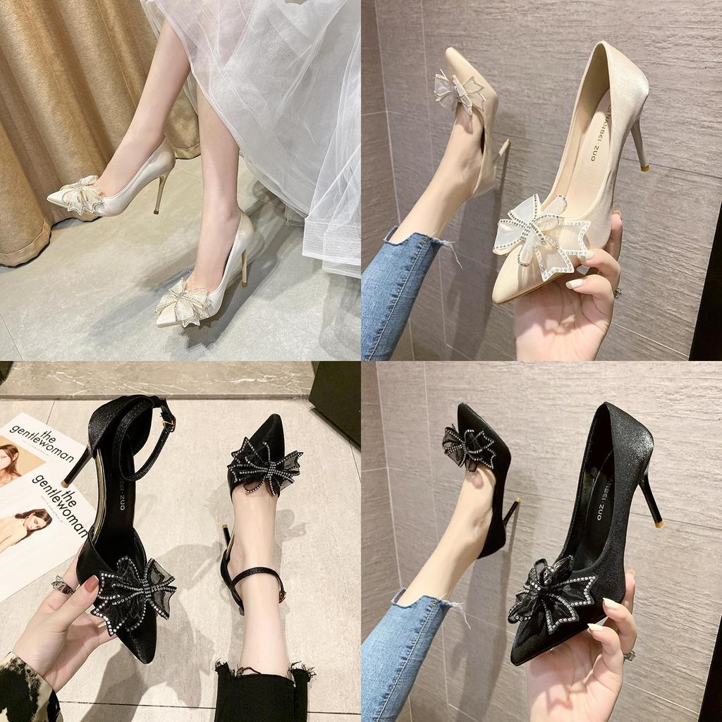 High Heel Shoes For Women With Butterfly Bow Water Dots Leathercombination For Daily Wear