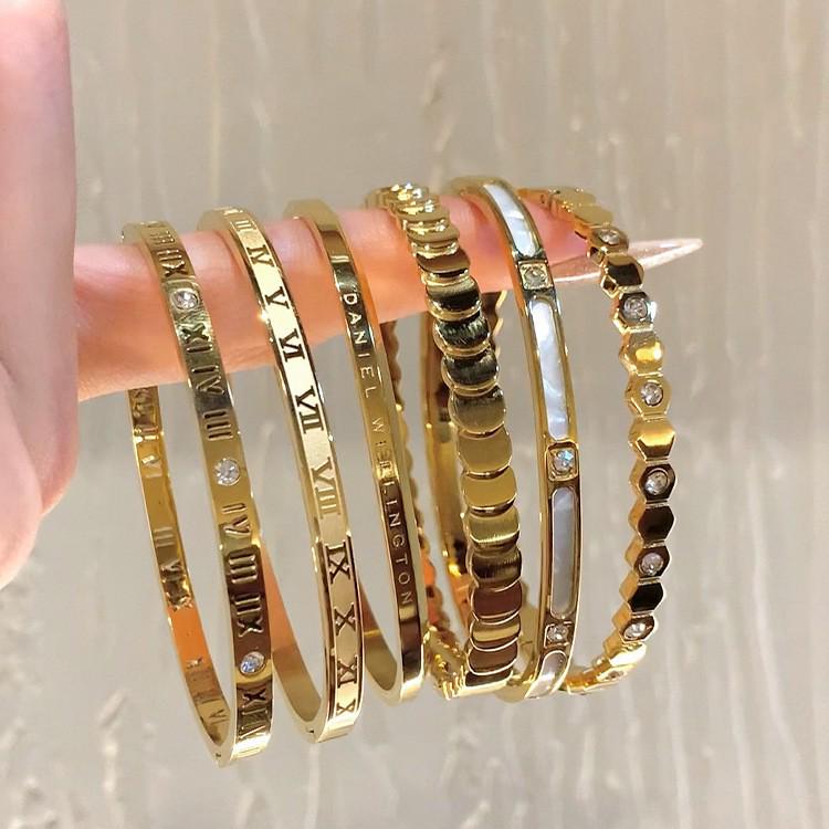 18k Gold Oval Bracelet with Full Star Diamond, Non-Fading Titanium Steel Bangle for Men & Women