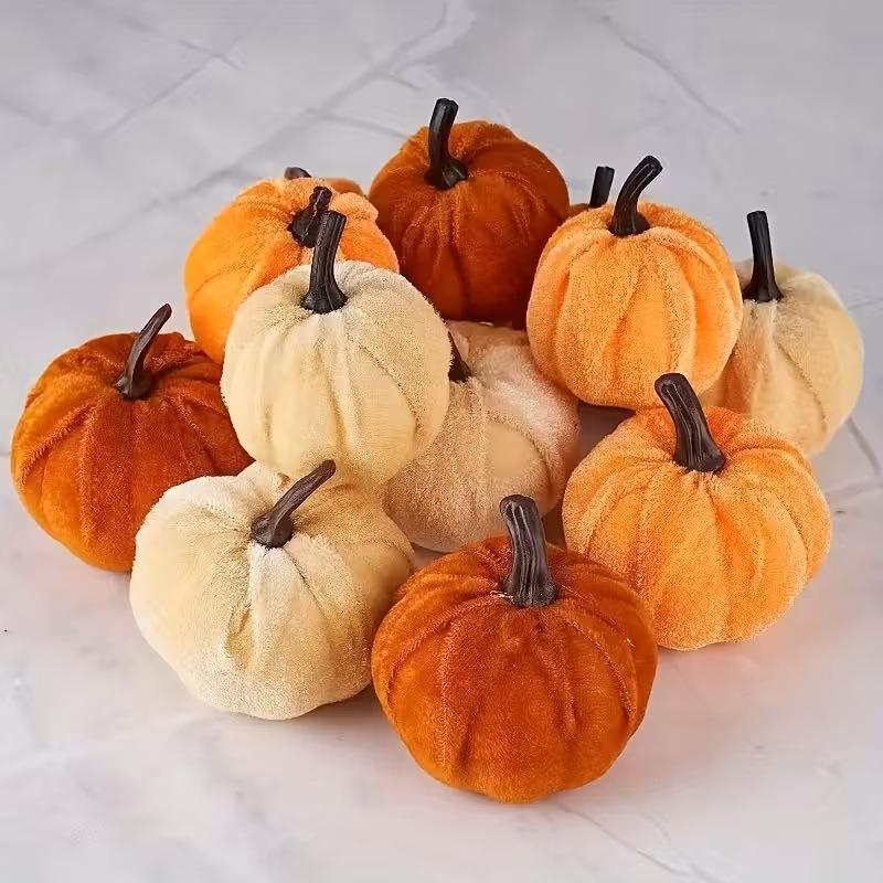 10Pcs Velvet Artificial Pumpkin Decor Desktop Pumpkin Ornament Autumn Fall Thanksgiving Harvest Festival Halloween Decoration