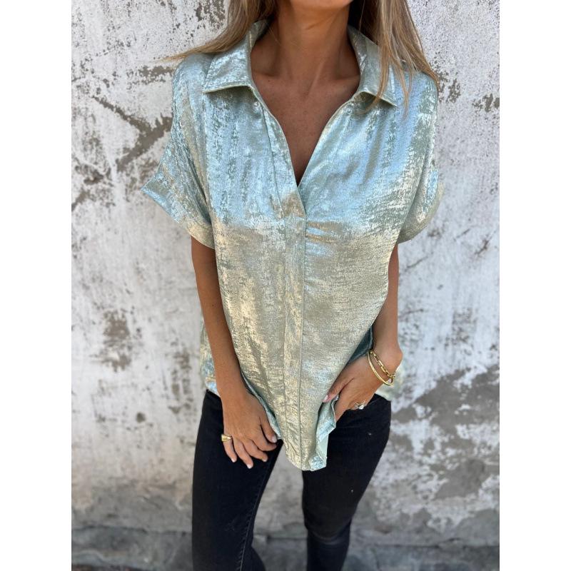 2026 European Summer Casual Loose Lapel Shirt for Women - Hot Stamping Short Sleeve Design