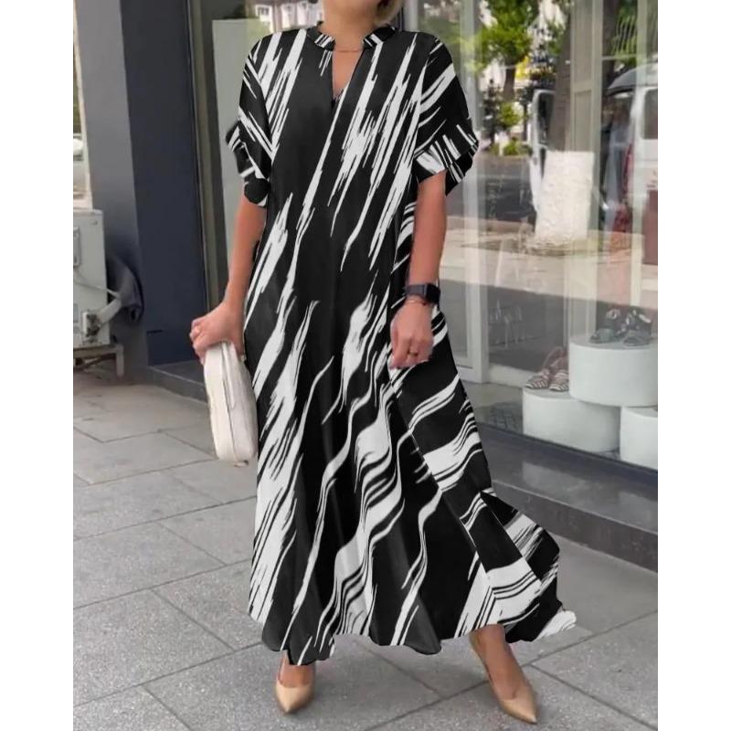 Summer New Women's Striped Printed Slit Long Dress