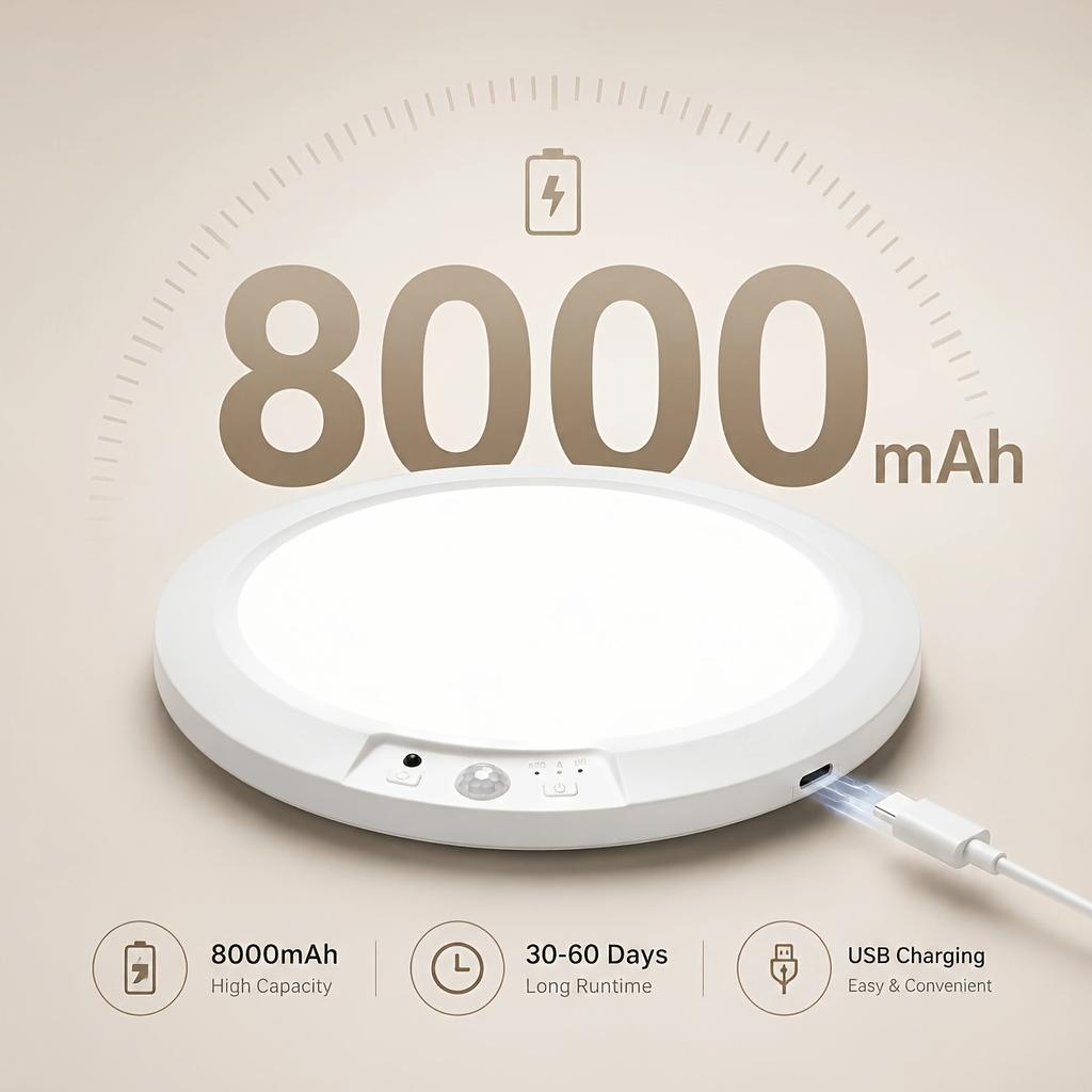 LED Motion Sensor Ceiling Light Rechargeable Smart Night Lamp Wireless Dimmable Round Flush Mount Fixture for Home