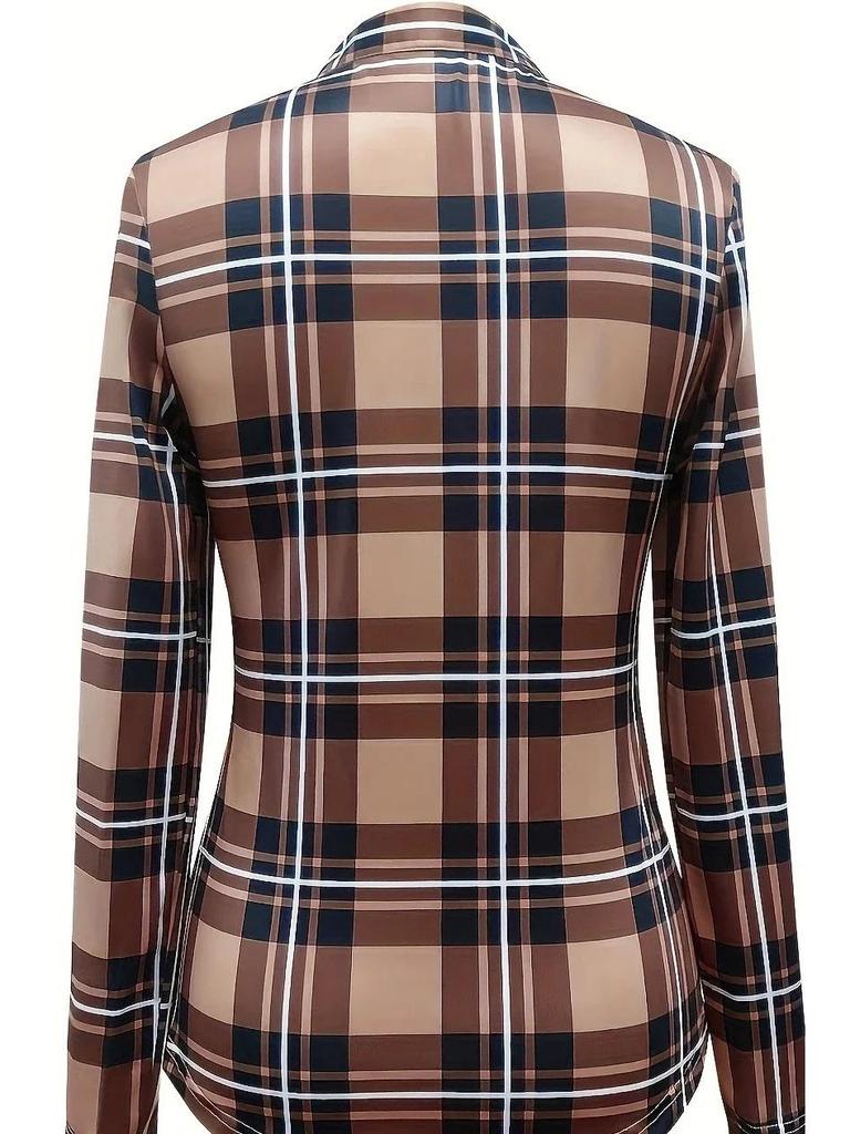 Women's Plaid Print V-Neck Blouse