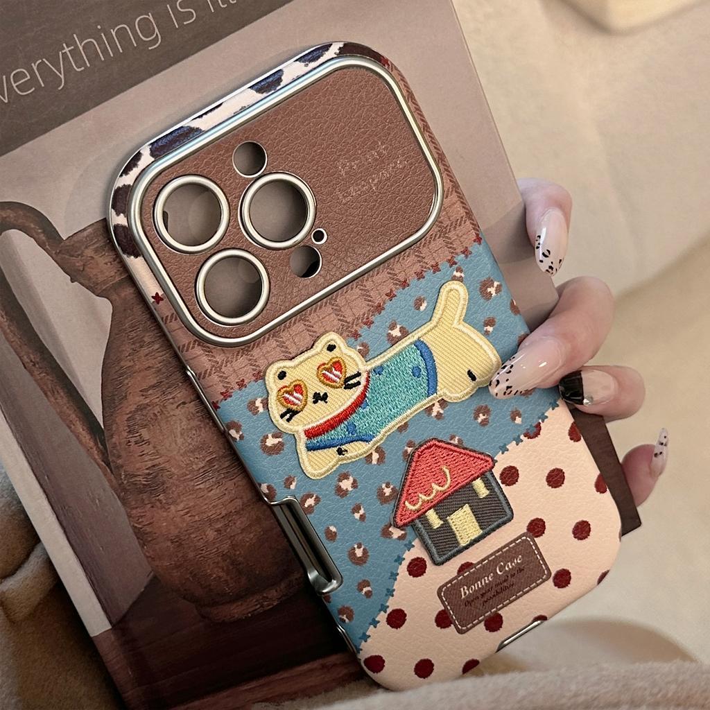 Cute Embroidered Cat Patchwork Leopard & Polka Dot Design Phone Case for iPhone 17 16 15 14 11 12 13 Pro Max Plus Back Cover