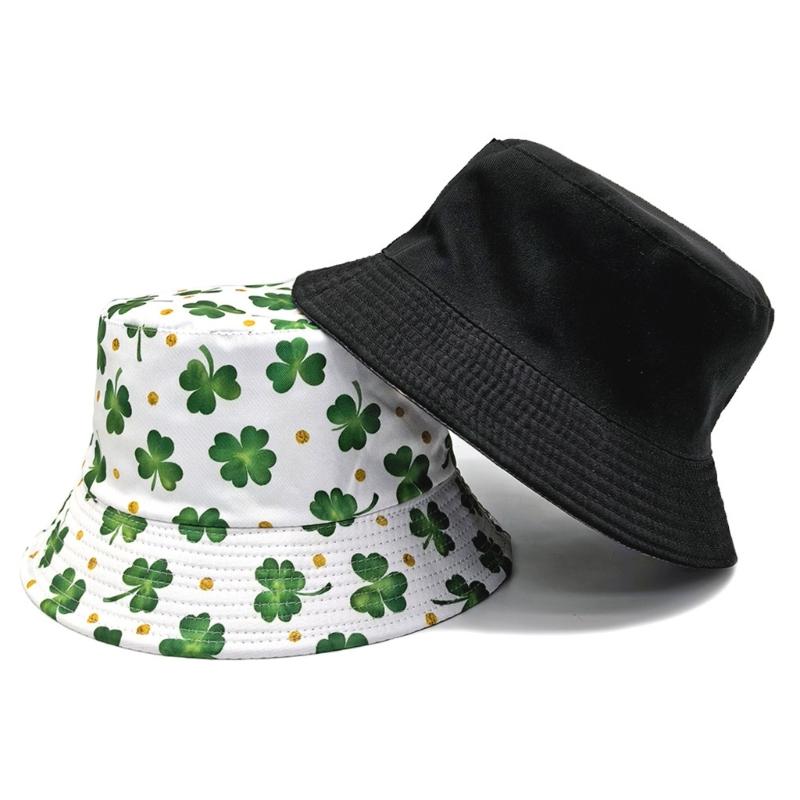 StPatricks Day Shamrock Fisherman Hat Digital Print Breathable Polyester Fabric Sun Protective Foldable Design Headwear