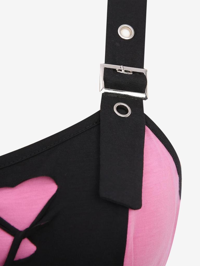 Rosegal Gotycki Top Tank z Koronkowym Sznurowaniem, Dziurami, Plecionką, Klamrą, Oczkami, Asymetrycznym Patchworkiem i Odkrytymi Plecami