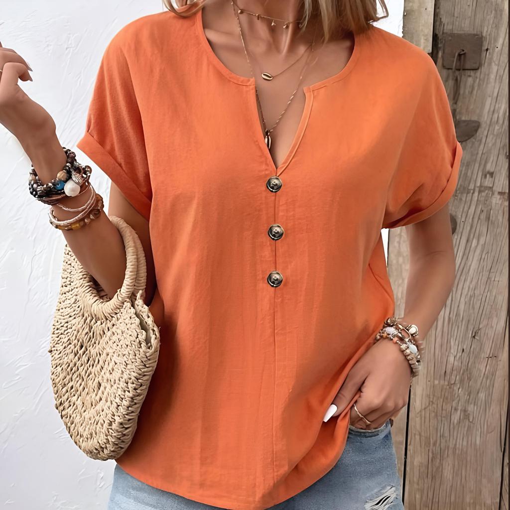 Summer Women's Shirt Casual V-Neck Button Short Sleeve Solid Color Shirt