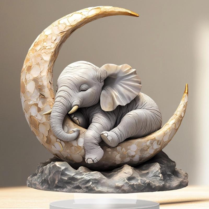 Elephant Lying On Moon Figurine Safe 2D Flat Acrylic Craft Ornament Easy Display Bedroom Desk Decoration Gift