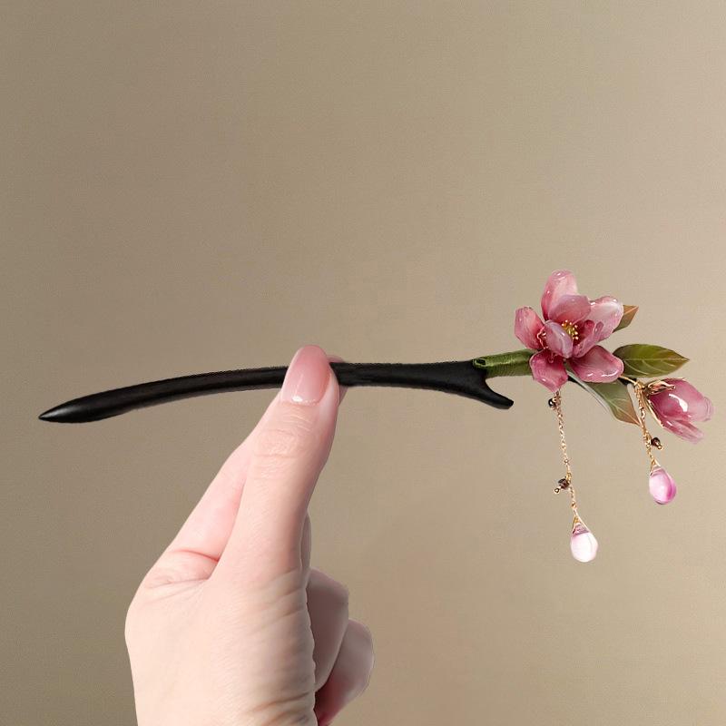 New Chinese Style Tassel Lotus Flower Hair Sticks for Women Wooden Hairpin Niche Design Handmade Ancient Style Hairpin